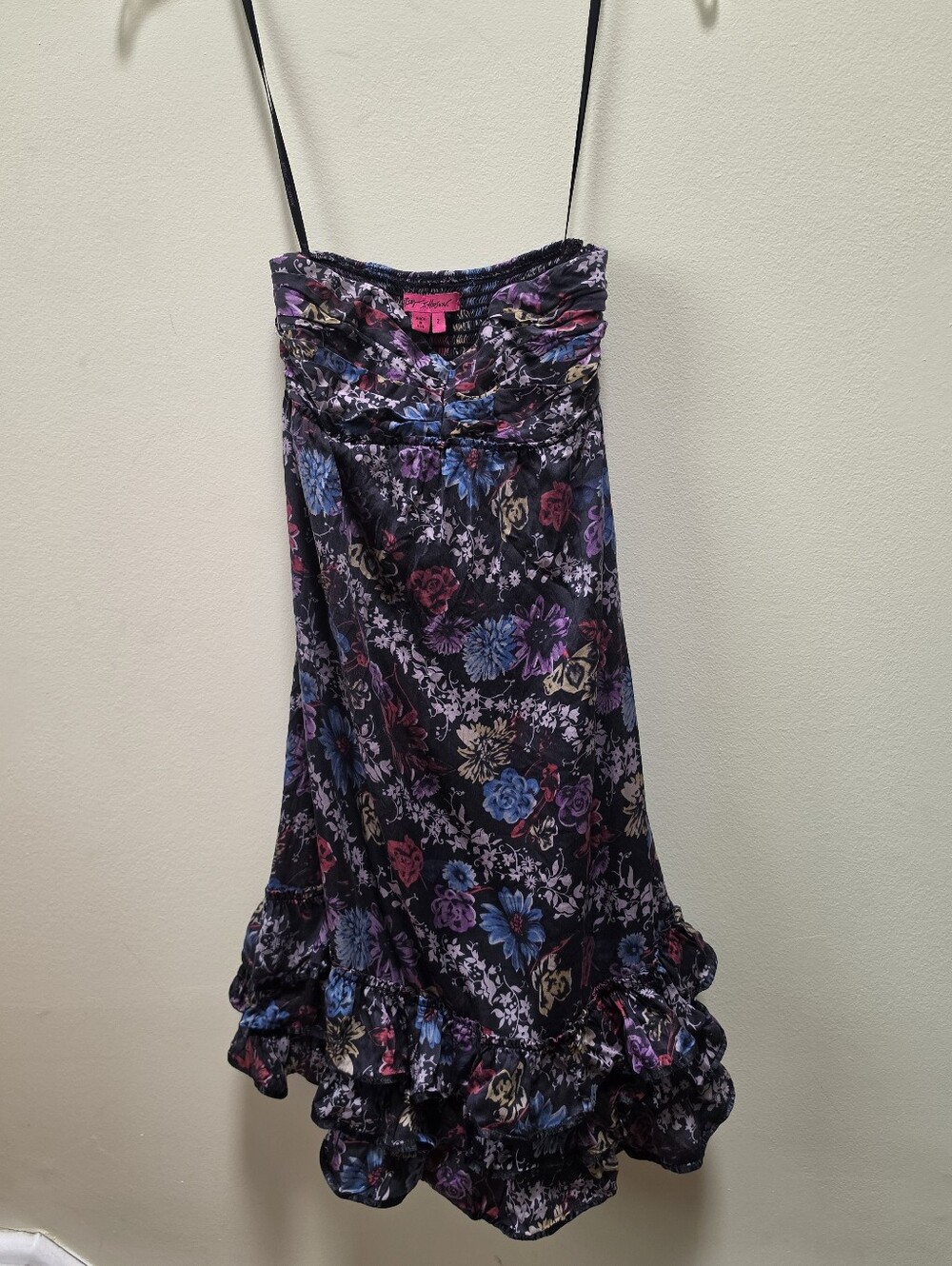 Betsey Johnson Vintage Y2K Silk Floral Ruffles Smocked Tulip Dress Fairy Black 2 - Picture 2 of 16